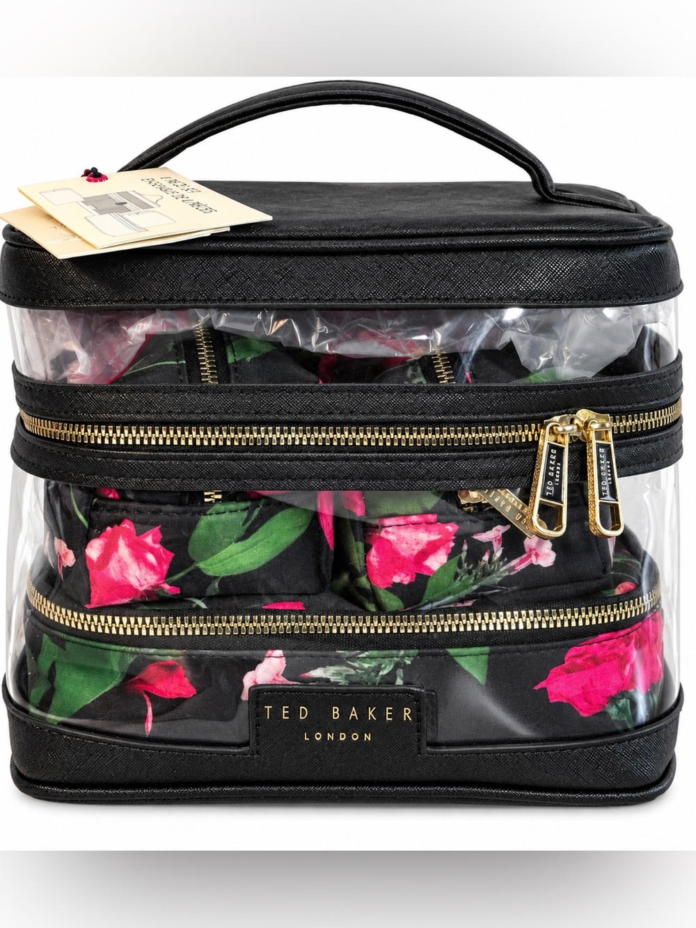 Ted Baker Clear Floral Makeup Case Double Zipper Handle 4-Piece Train Case Set